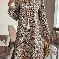 Sukienki - TEMU Damska Sukienka w Lamparcie Wzory z Stójką - Długi Rękaw, A-Linia, Lekki Poliester, Idealna na Wiosnę/Jesień, Sukienka w Lamparcie Wzory - miniaturka - grafika 1