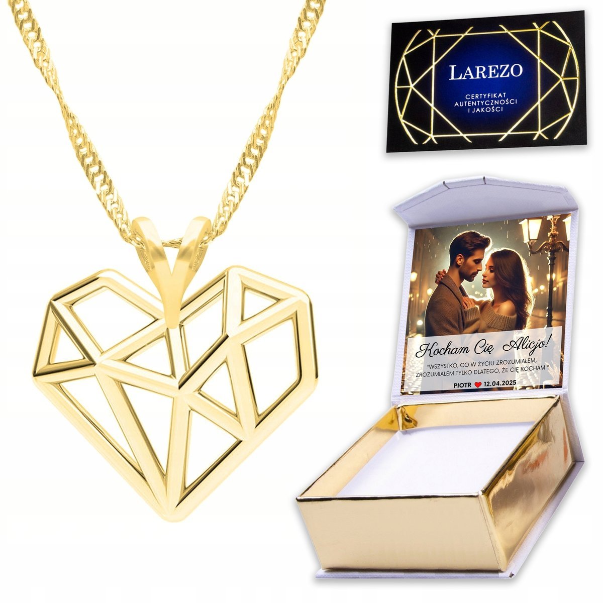 Złoty Naszyjnik 925 z Sercem Serce Heart Serduszko Kocham Cię Miłość NADRUK