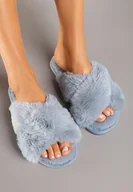 Kapcie damskie - Szare Kapcie z Szerokimi Paskami Ozdobione Futerkiem Selenor - miniaturka - grafika 1