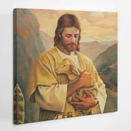 Ikony i obrazy sakralne - Jezus Dobry Pasterz z owieczką - obraz polycanvas, 40x40 - miniaturka - grafika 1