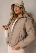 Kurtki damskie - Jasnobeżowa Kurtka Pikowana Wykończona Kapturem Aviatoria - miniaturka - grafika 1