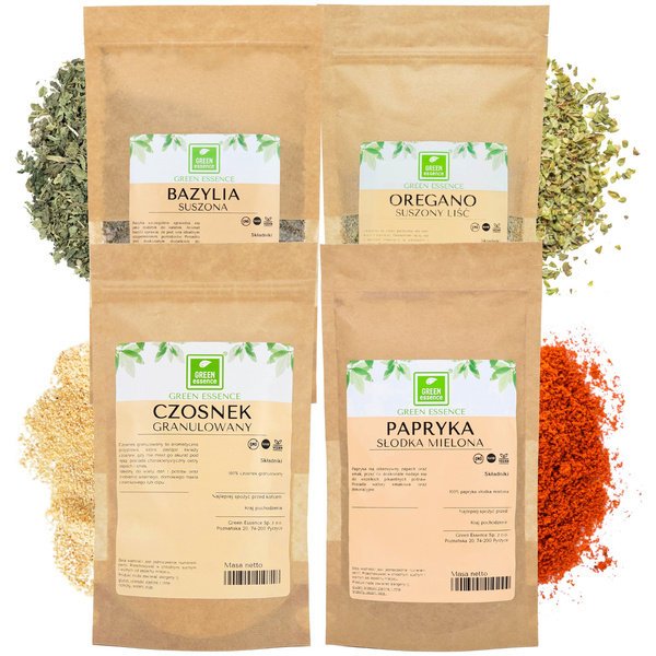 Bazylia Oregano Czosnek granulowany + Papryka słodka mielona - aromatyczny Zestaw przypraw 4x 100 g