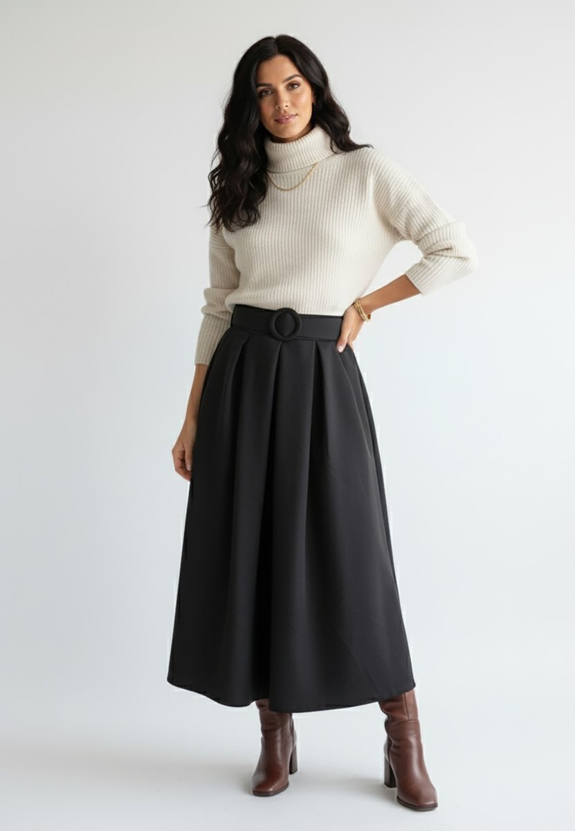 Rozkloszowana spódnica midi z pasem i kieszeniami do eleganckich stylizacji - M1255, czarna, S