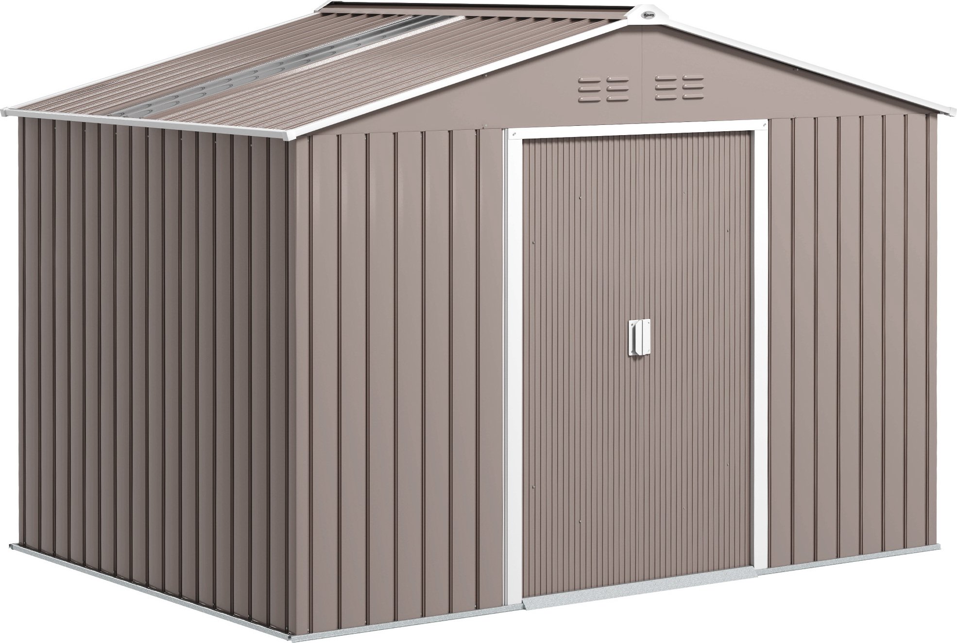 Domek ogrodowy Outsunny Metal 4,9 m², z dachem dwuspadowym, drzwiami przesuwnymi, fundamentem, 277 x 195 x 192 cm, ocynkowany stalowy domek narzędziowy, odporny na warunki atmosferyczne, do ogrodu, jasnoszary