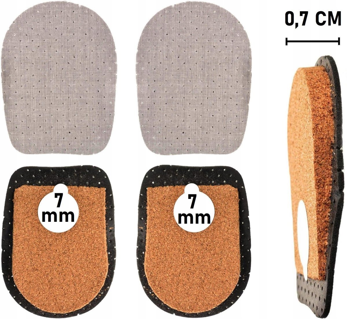Młodzieżowe Damskie 36-41 Podpiętki KORKOWE 7 mm KLINY pod pięty Wkładki PODWYŻSZAJĄCE + 0,7 cm