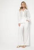 Komplety damskie - Biały Komplet z Luźną Koszulą z Haftem i Szerokimi Spodniami z Wiskozą Ivelabia - miniaturka - grafika 1