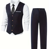 Dresy i komplety dla chłopców - TEMU Dwuczęściowy garnitur młodzieżowy składający się z dopasowanego granatowego kamizelki i pasujących, teksturowanych długich spodni, idealny na - miniaturka - grafika 1