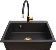Zlewozmywaki z baterią - Zlewozmywak PREHNIT Zlewozmywak jednokomorowy ELAN czarny złoty metalik + bateria flex złota - miniaturka - grafika 1