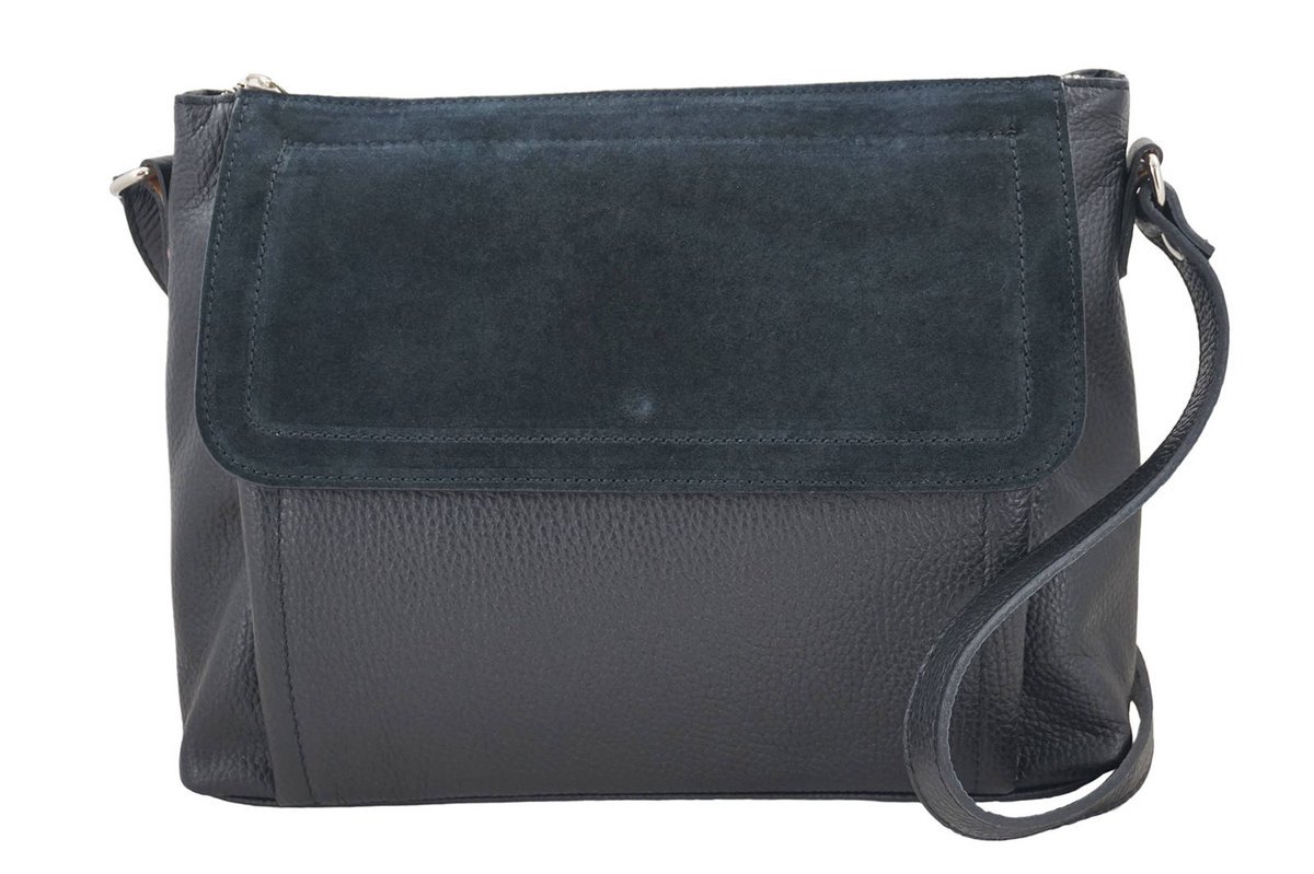 Torebka skórzana z zamszową klapką - Czarna