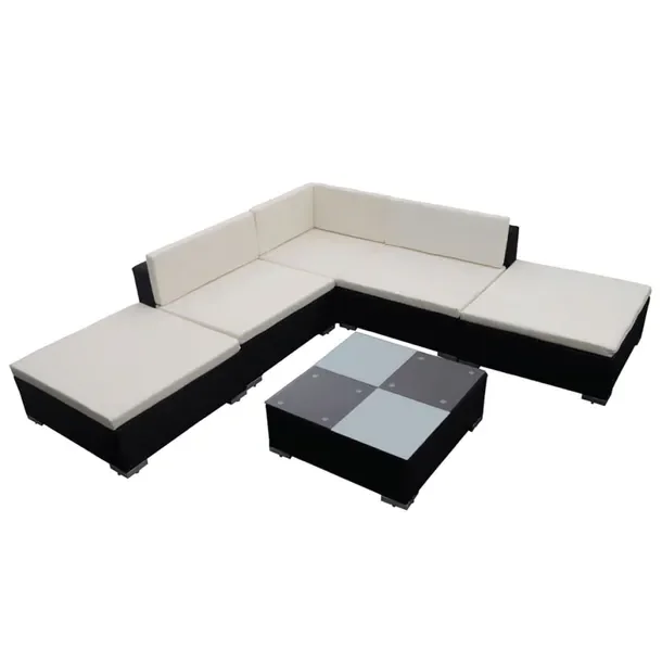Rattanowy zestaw mebli ogrodowych czarny z kremowymi poduszkami 70x70x63 cm