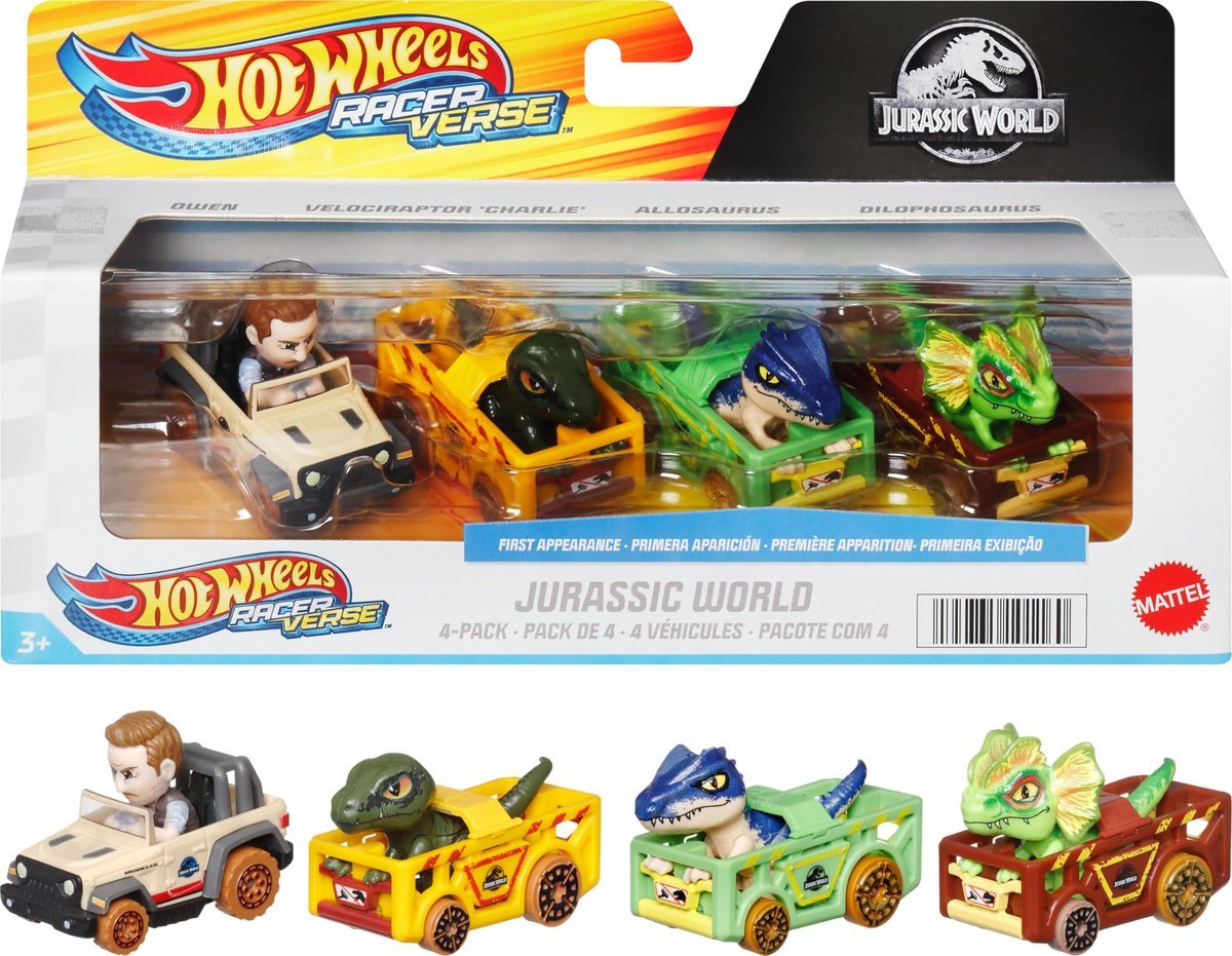 Hot Wheels Samochody zabawkowe, RacerVerse 4-pak z pojazdami Die-Cast i figurkami z Jurassic World: Charlie, Owen, Dilofhosaurus i Allosaurus jako k..