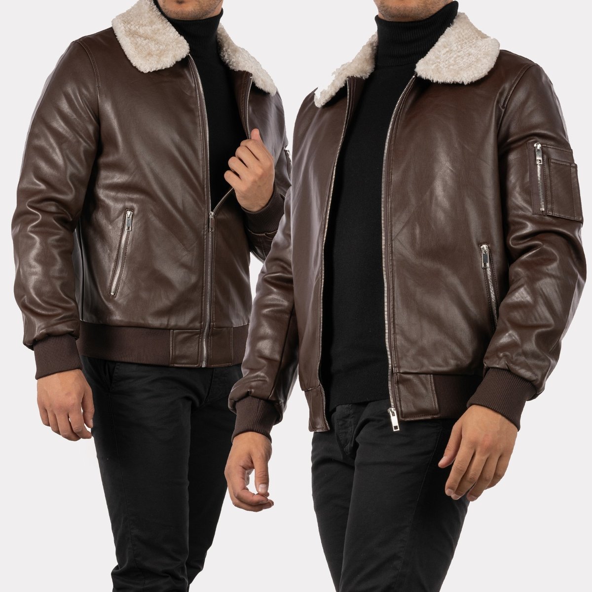 Kurtka Męska Eko Skóra z kołnierzem Brązowa K-7-2024 M Brązowy
