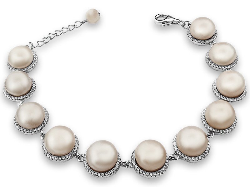 Srebrna bransoletka 925 duże białe perły hodowlane z białymi cyrkoniami na prezent