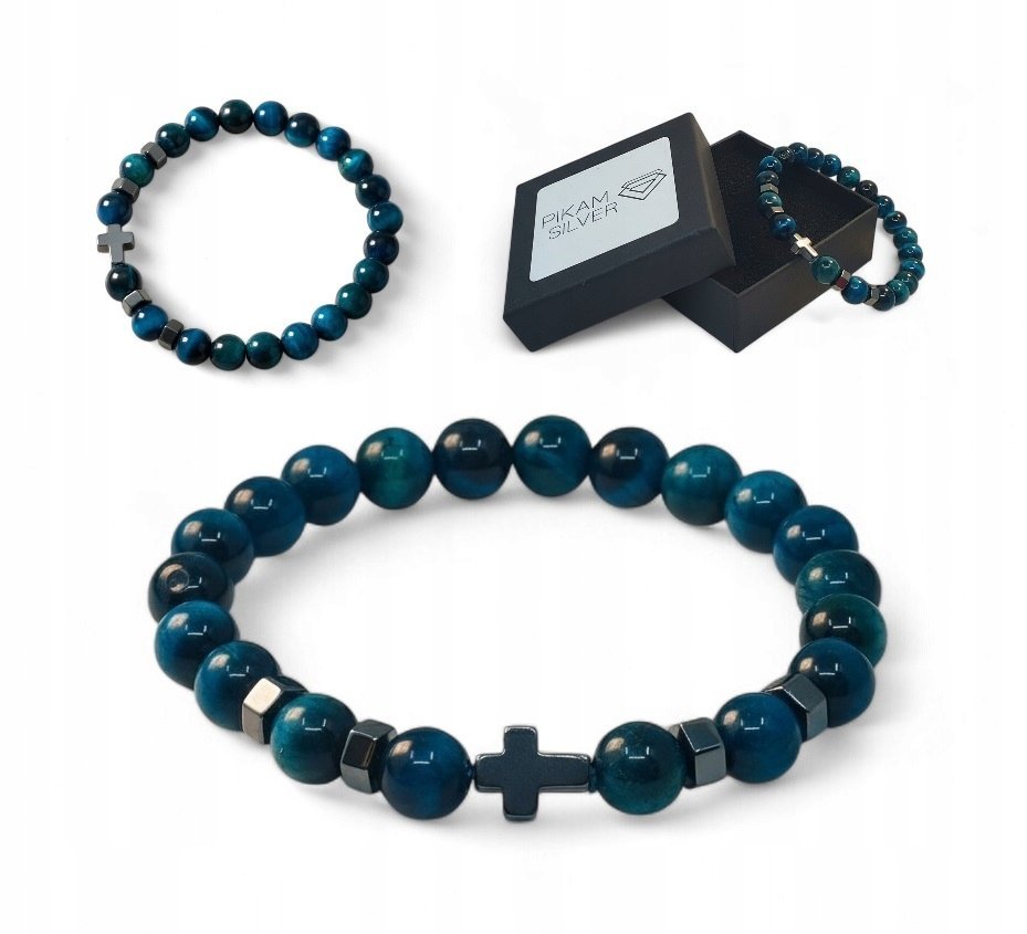 Bransoletka Z Kamieni Naturalnych 8,5mm Tygrysie Oko Turkusowe Z Krzyżykiem