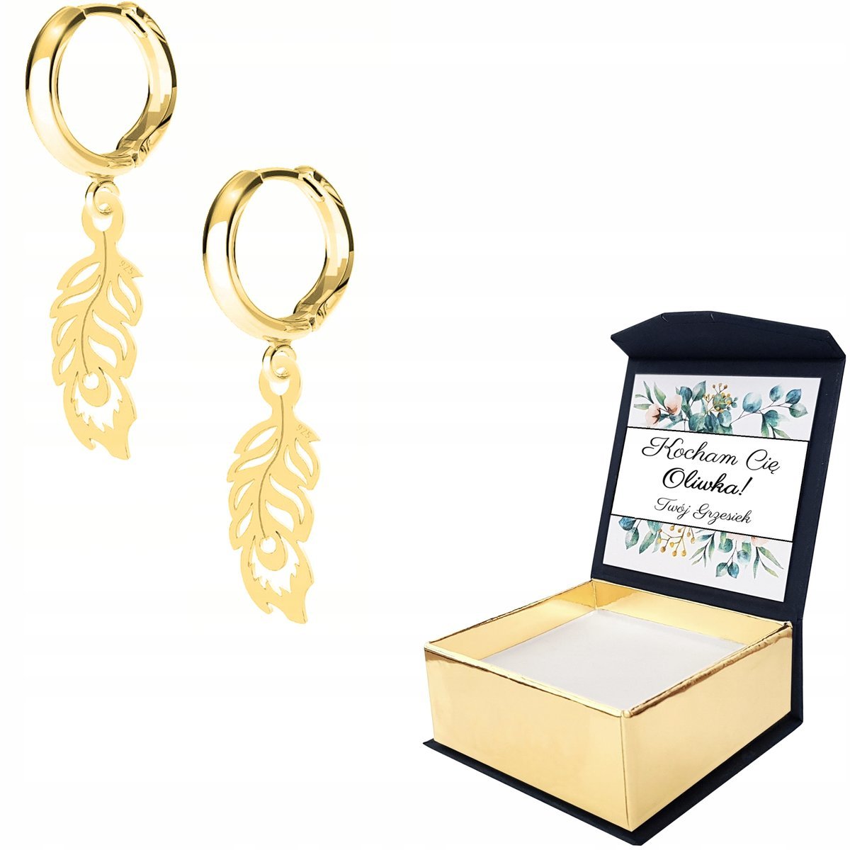 Kolczyki złote Pawie Pióro Piórko WŁASNY NADRUK