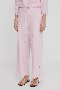 Spodnie damskie - Pepe Jeans spodnie lniane kolor różowy szerokie high waist - grafika 1