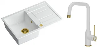 Quadron Zlewozmywak granitowy jednokomorowy 78*50*22 cm z ociekaczem MORGAN 111 SNOW WHITE ze złotym odpływem z baterią NATALIE Q LINE SNOW WHITE kolor biały mat/wykończenie złote - Zlewozmywaki z baterią - miniaturka - grafika 1