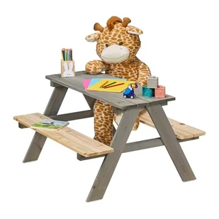 Relaxdays Zestaw do siedzenia dziecięcego, ławka piknikowa, wys. x gł.: 51 x 90 x 78 cm, zestaw do siedzenia dla 4 dzieci, drewno, szary/naturalny - Stoliki dla dzieci - miniaturka - grafika 1