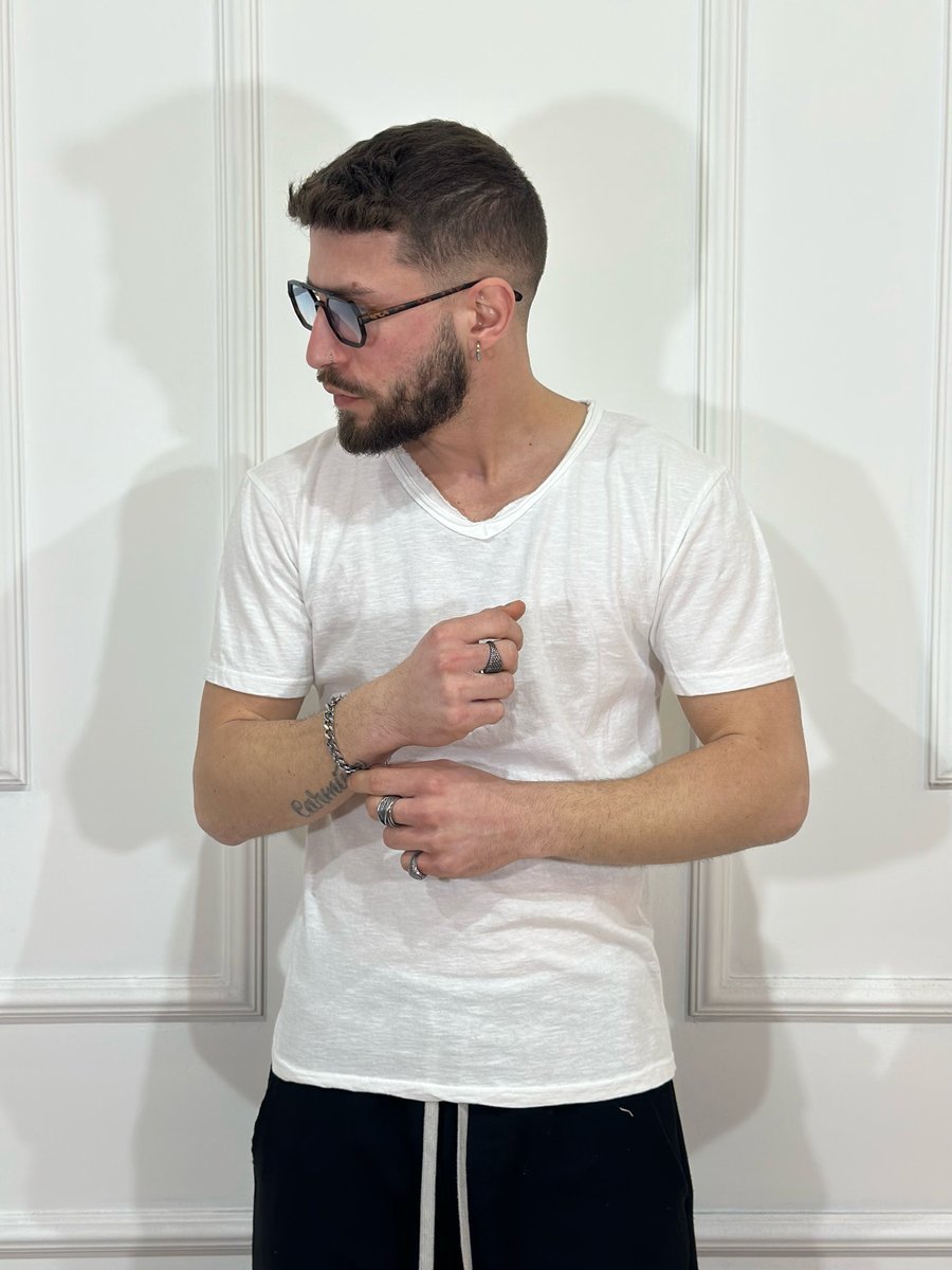 Bawełniana Koszulka Z Dekoltem W Serek - Biały Xl