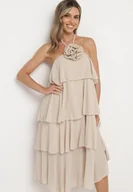 Sukienki - Beżowa Sukienka z Falbanami Wiązana na Szyi z Broszką Kwiatem Tinallena - miniaturka - grafika 1