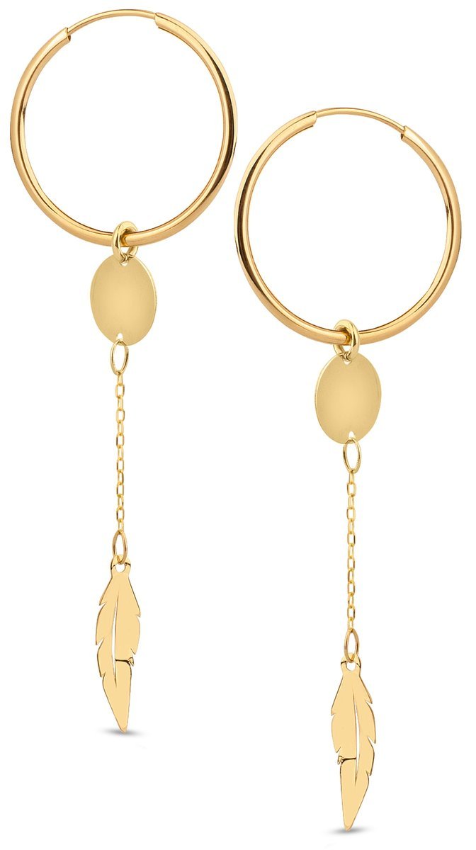 ZŁOTE KOLCZYKI KOŁA Z ZAWIESZKĄ PIÓRKO KÓŁKO 585