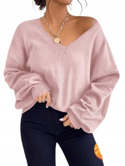 SHEIN RÓŻOWY SWETER DAMSKI Z DEKOLTEM V I DŁUGIM RĘKAWEM 40/42 1DB