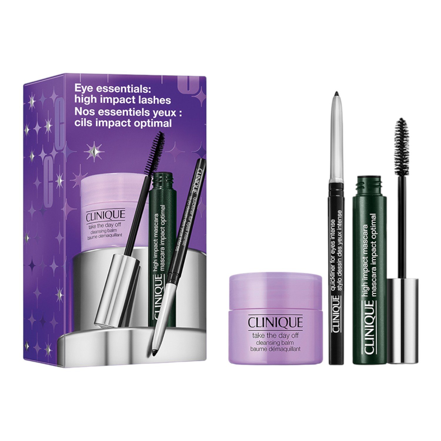Clinique Eye Essentials Zestaw: tusz do rzęs High Impact + eyeliner w kredce Quickliner for Eyes Intense + balsam oczyszczający Take The Day Off