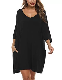 Doaraha Damska koszula nocna plus size, ponadwymiarowa domowa bielizna nocna koszula nocna bawełniana koszula do spania piżama miękka dekolt w serek, Czarny, S - Piżamy damskie - miniaturka - grafika 1