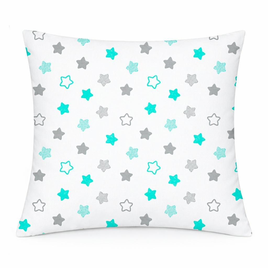 Poszewka bawełniana 40x40 biała w szare i miętowe gwiazdki, dziecięcy nowoczesny - COTTON HOME KIDS