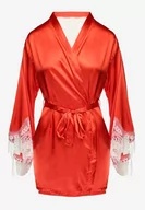 Bielizna nocna - Czerwony Satynowy Szlafrok z Koronką i Wiązanym Paskiem Pascalle - miniaturka - grafika 1