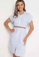Sukienki - Niebieska Bawełniana Sukienka Koszulowa z Krótkim Rękawem i Paskiem w Talii Nulefia - miniaturka - grafika 1