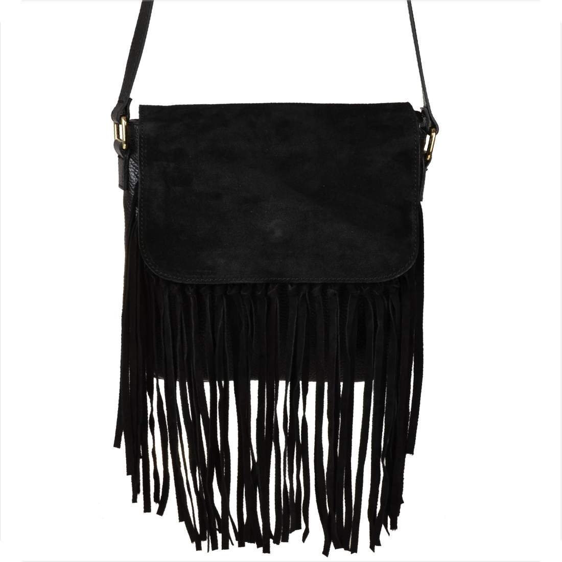 Vera Pelle włoska listonoszka z frędzlami skóra naturalna licowa i zamszowa czarna