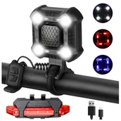 Lampki rowerowe - LAMPKA ROWEROWA LED MOCNA PRZÓD TYŁ GŁOŚNY KLAKSON R101 - miniaturka - grafika 1