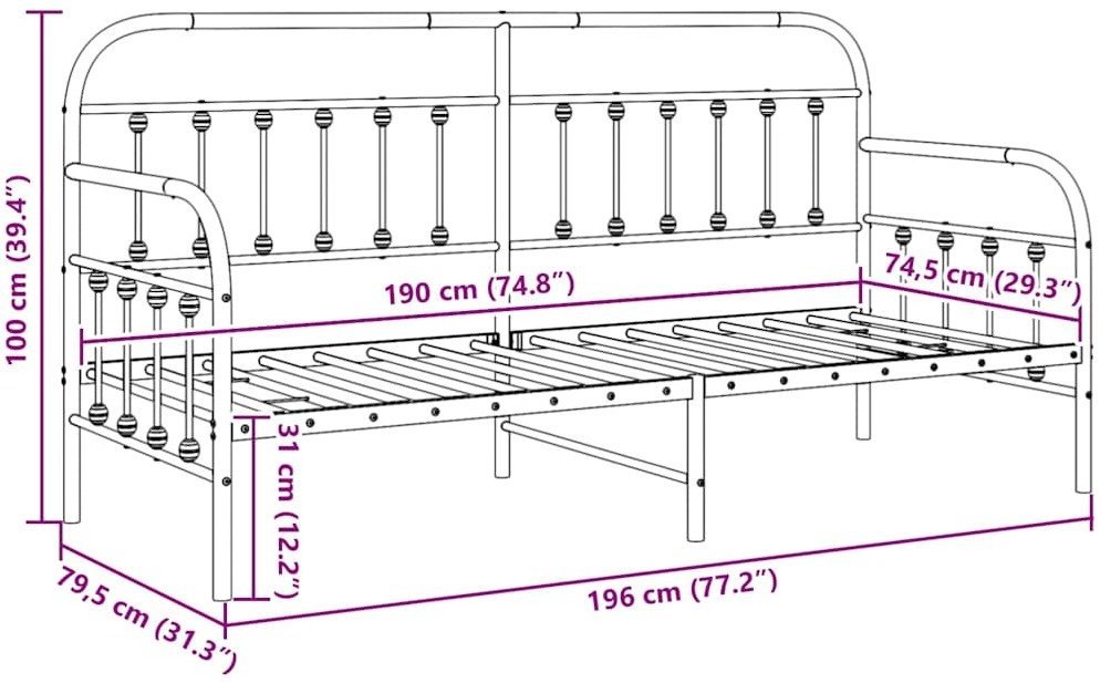vidaXL Rama łóżka dziennego Czarna 75x190 cm Stal