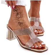 Klapki i japonki damskie - S.Barski Klapki Na Obcasie Z Dżetami Złote Jaxen złoty - miniaturka - grafika 1