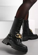 Botki damskie - Czarne Botki o Fasonie Wysokich Workerów z Paskiem i Łańcuchem na Grubej Podeszwie Evensa - miniaturka - grafika 1