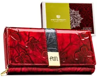 Portfele - Duży portfel damski PETERSON skórzany elegancki lakierowany rozbudowany karty gotówka dokumenty RFID czerwony - miniaturka - grafika 1