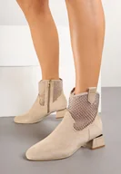 Botki damskie - Beżowe Botki na Słupku Vices Ozdobione Siateczką na Cholewce Deovenna - miniaturka - grafika 1