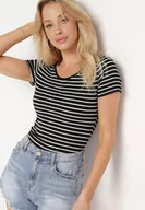 Koszulki i topy damskie - Czarno-Biała Koszulka T-shirt z Bawełny z Krótkim Rękawem w Paski Ernlea - miniaturka - grafika 1