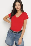 Koszulki i topy damskie - Czerwony T-shirt z Bawełny z Dekoltem w Serek Liniviela - miniaturka - grafika 1