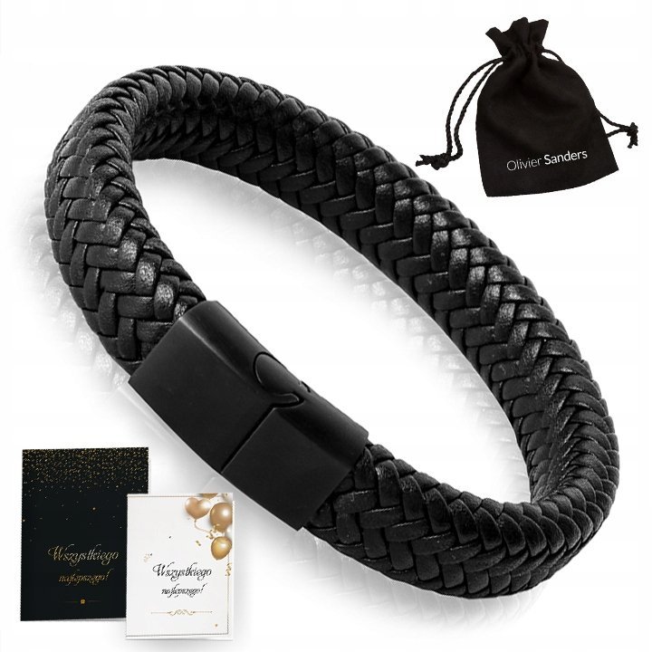 Skórzana bransoletka męska, Olivier Sanders, czarna skóra tytanowa