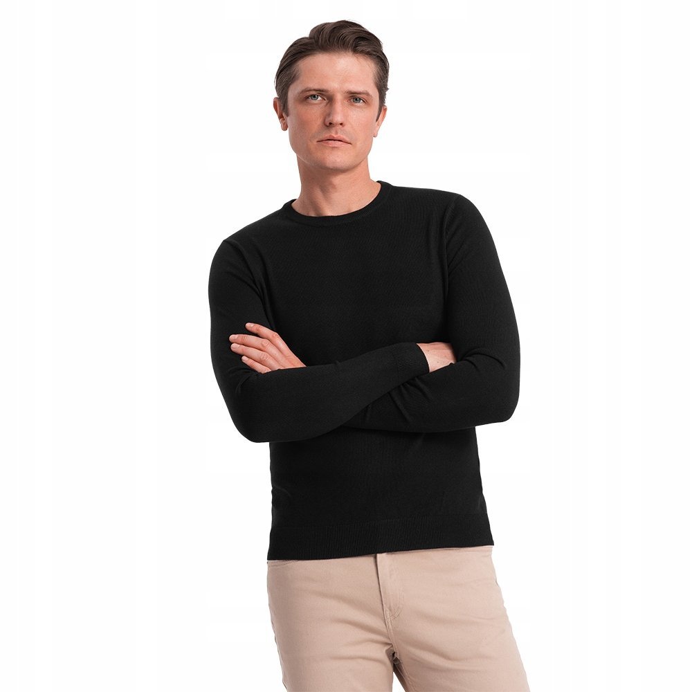 Klasyczny sweter męski z okrągłym dekoltem czarny V2 OM-SWBS-0106 L