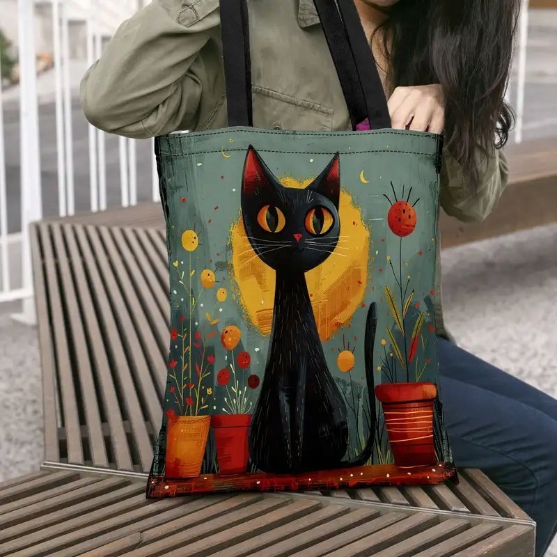 Torba shopperka tote czarny kot doniczki rośliny kwiaty prezent dla kociary