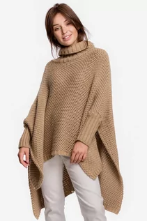 Swetry damskie - Asymetryczny Sweter-Ponczo z Golfem - Kamelowy - MOE - grafika 1