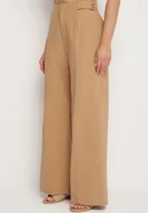 Spodnie damskie - Ciemnobeżowe Szerokie Spodnie z Wiskozą Bawełną i Imitacją Kieszeni Divoppa - miniaturka - grafika 1