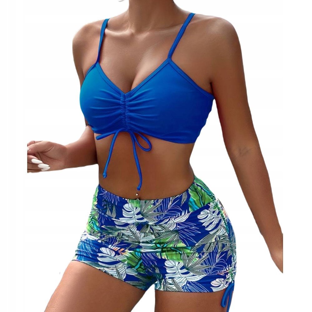 Strój Kąpielowy Dwuczęściowy Kostium Wysoki Stan Bikini Spodenki Wiązanie M Niebieski
