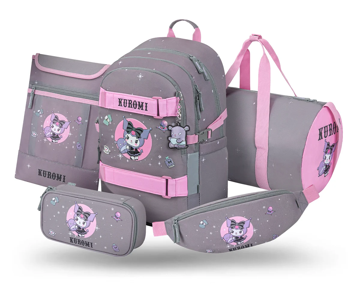 Zestaw Szkolny 5w1 BAAGL Plecak szkolny Skate Kuromi Grey Ergonomiczny 25L 29x43x20 cm Szary dla dziewczynki + Piórnik, Torba sportowa, Nerka, Etui ..