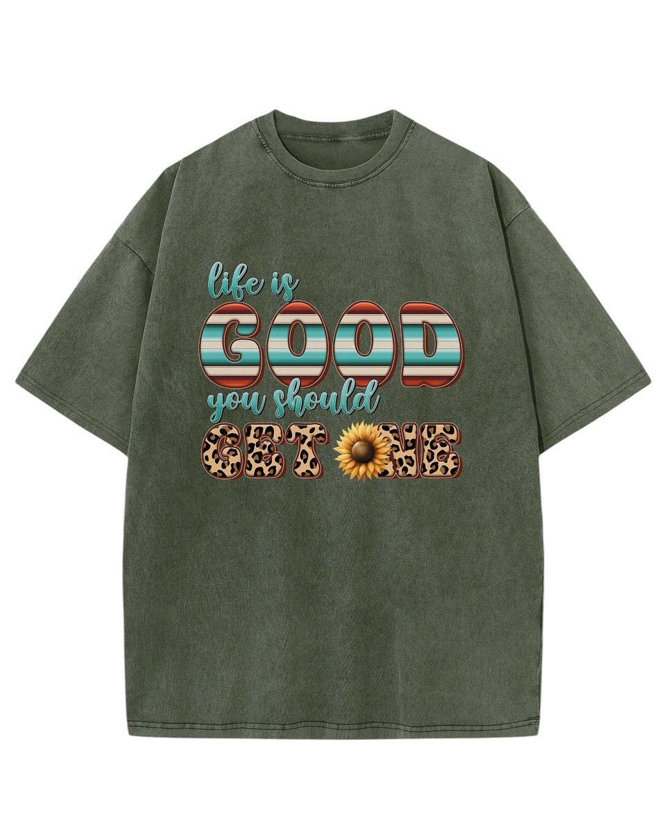 Męska koszulka oversize efekt sprania z napisem Życie jest dobre Khaki S