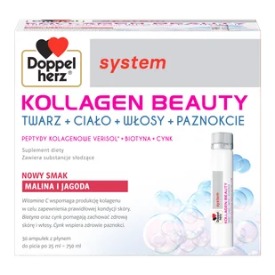 Doppelherz System Kollagen Beauty, smak malina i jagoda, 25 ml x 30 ampułek - Włosy, skóra, paznokcie - miniaturka - grafika 1