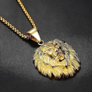 Nowe modne zwierzę Długie włosy Lew Głowa Wisiorek Naszyjnik Męski Naszyjnik Metal Przesuwany Inkrustowany Kryształ N Złoto - Naszyjniki męskie - miniaturka - grafika 1
